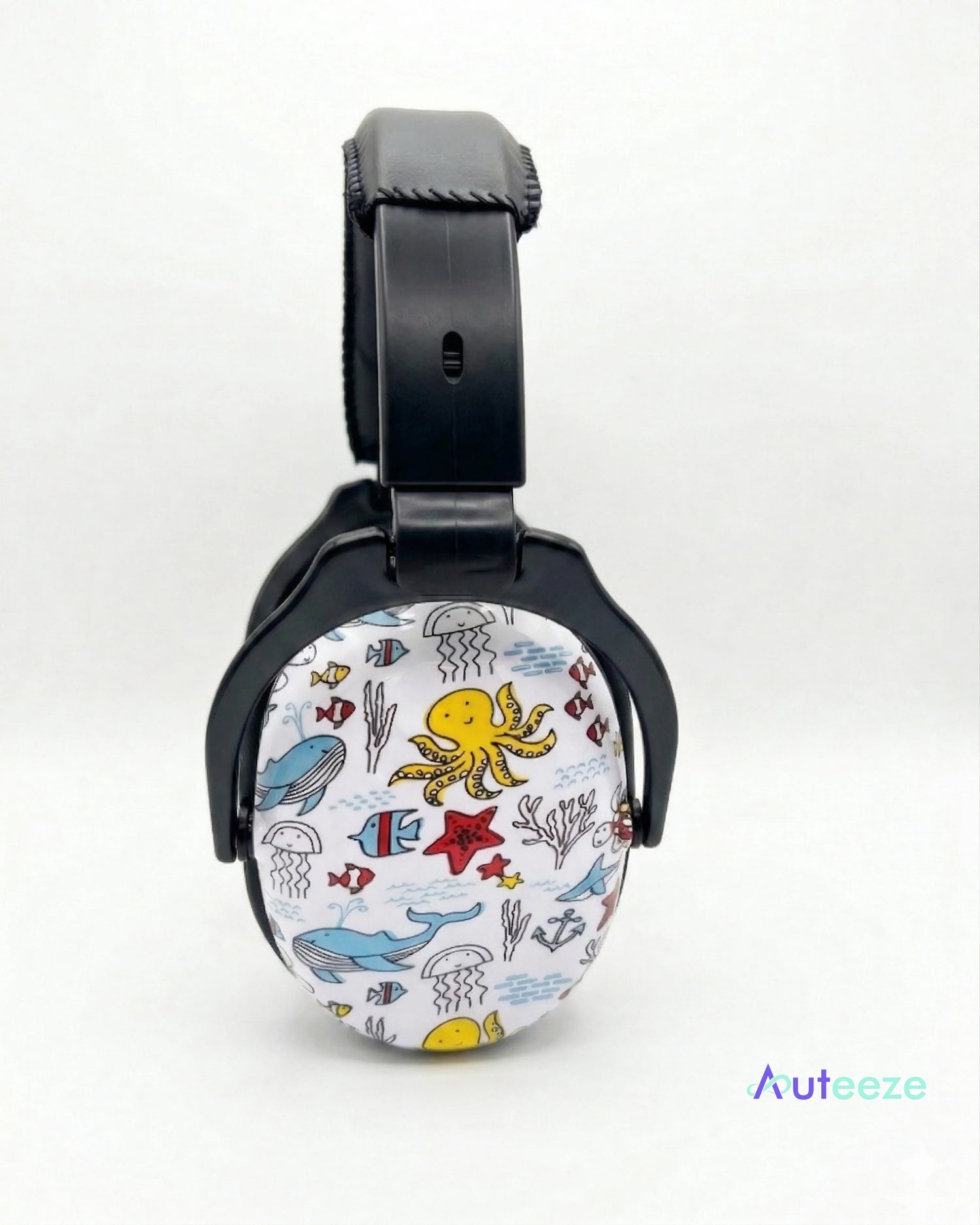 Black headphones with a colorful underwater animal pattern