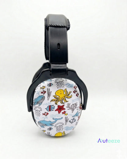 Black headphones with a colorful underwater animal pattern