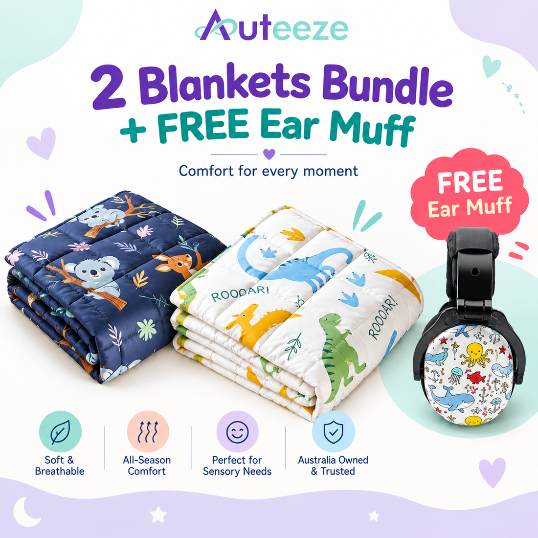 Double Comfort Combo – 2 × Personalised Weighted Blankets + FREE Ear Muffs