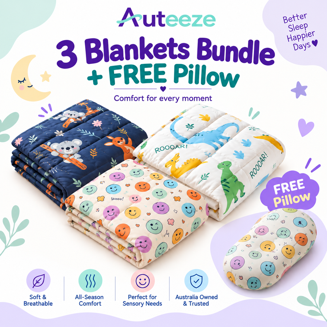 Triple Comfort Combo – 3 × Personalised Weighted Blankets + FREE Pillow