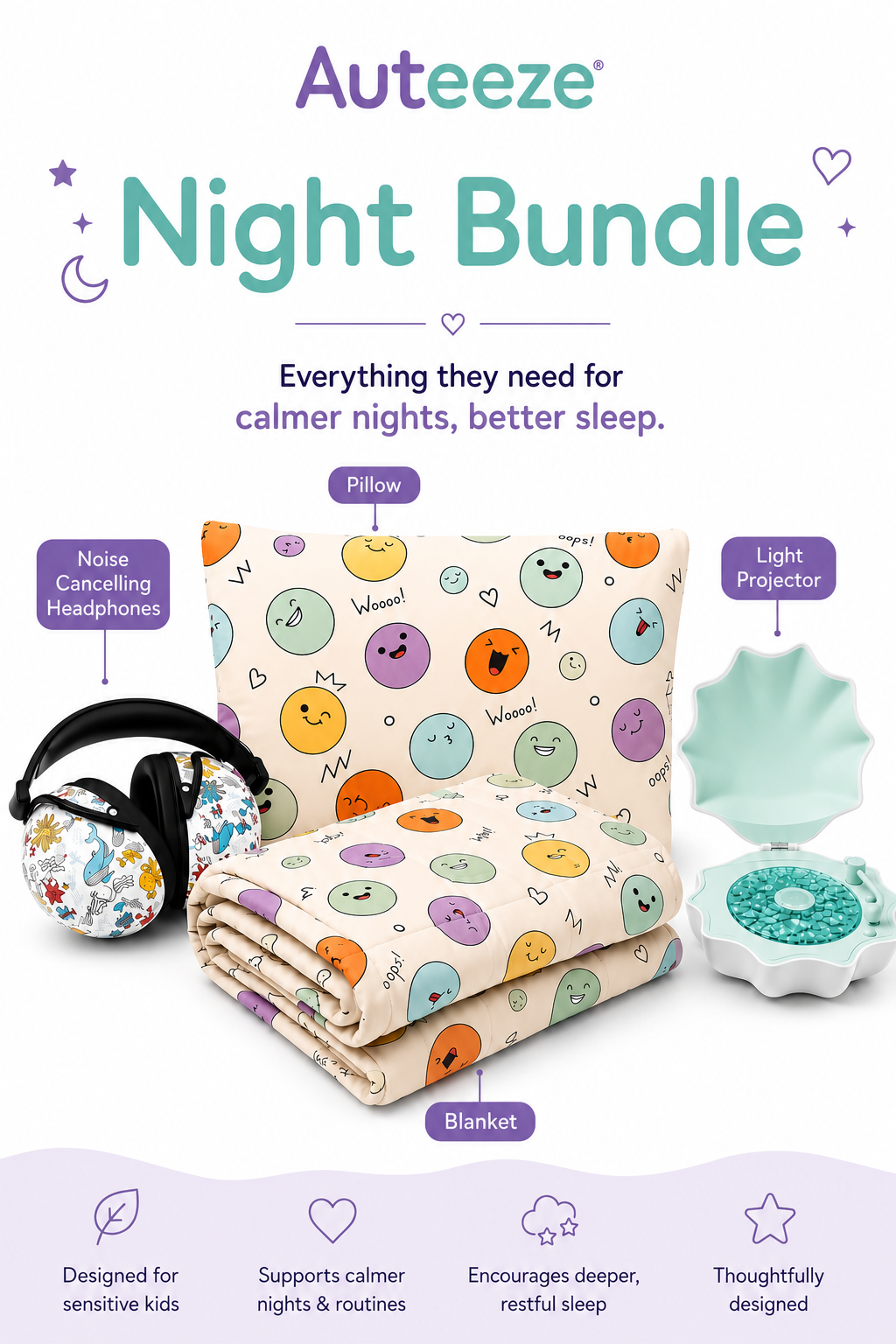Auteeze Night Bundle – includes noise cancelling headphones, pillow, weighted blanket and light projector